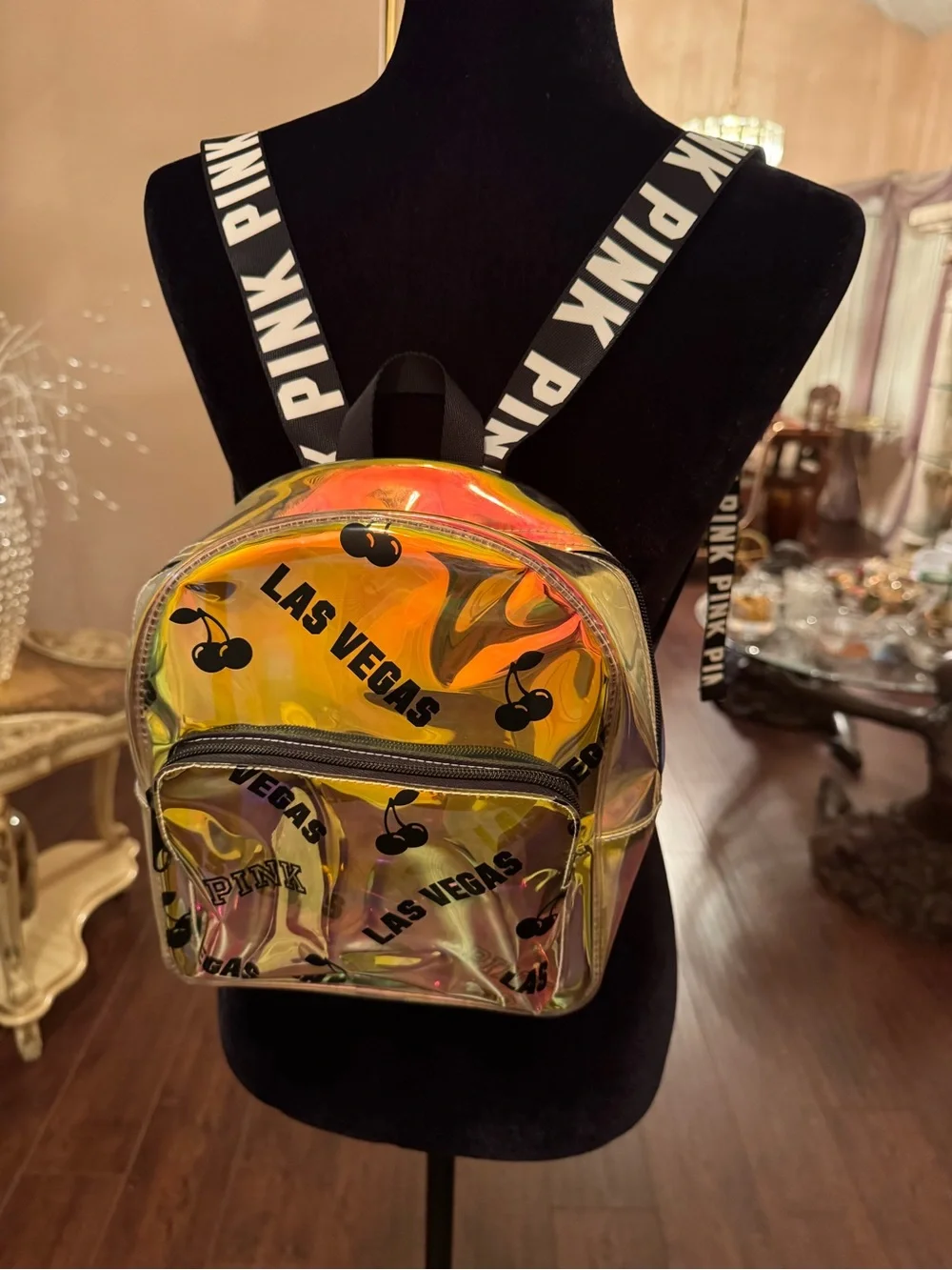 Victoria's Secret PINK Clear Iridescent transparent Backpack gold LAS VEGAS
